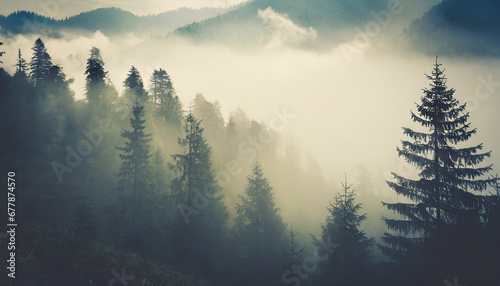 misty landscape with fir forest in vintage retro style generative ai © Emanuel
