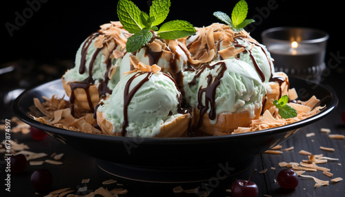 Gourmet dessert sweet chocolate ice cream with fresh mint leaf generated by AI