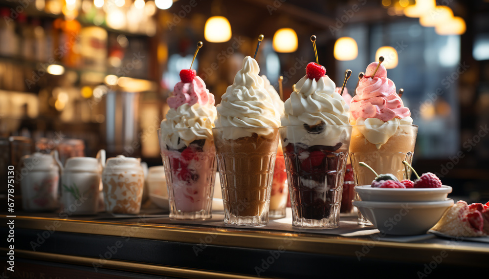 Gourmet dessert, ice cream sundae, sweet fruit, refreshing summer indulgence generated by AI