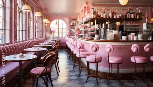 Modern bar with elegant wooden furniture, comfortable seating, and dim lighting generated by AI