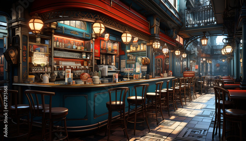 Modern bar with elegant wood architecture, illuminated by blue lighting generated by AI