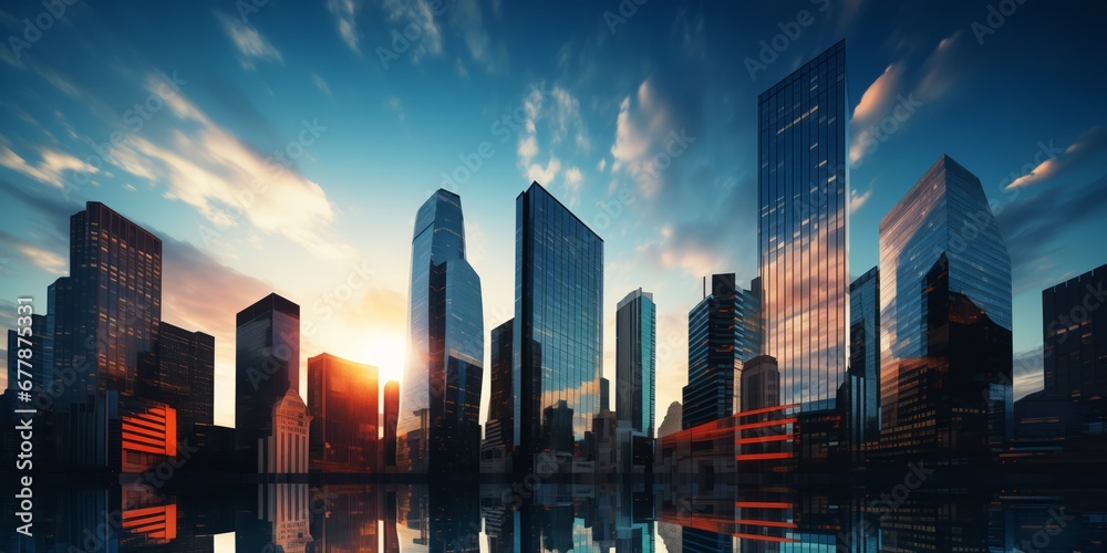 Skyscrapers of a smart city at sunset, futuristic financial district, graphic perspective of buildings and reflections - Architectural blue background for corporate and business brochure template