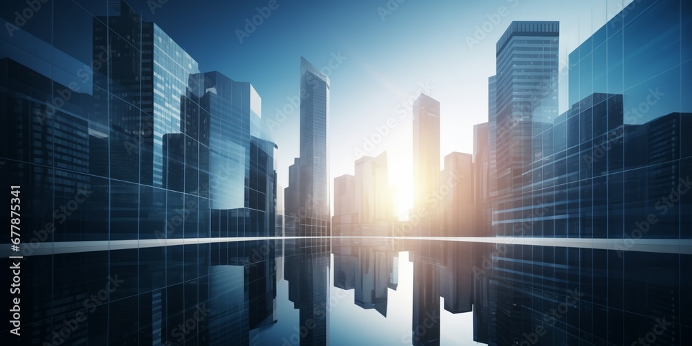 Skyscrapers of a smart city at sunrise, futuristic financial district, graphic perspective of buildings and reflections - Architectural blue background for corporate and business brochure template