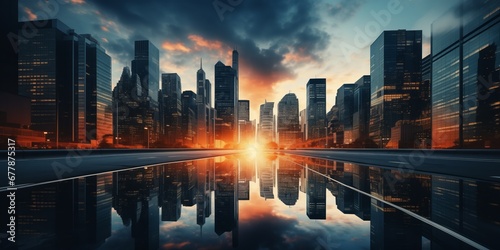 Skyscrapers of a smart city at sunset, futuristic financial district, graphic perspective of buildings and reflections - Architectural background for corporate and business brochure template