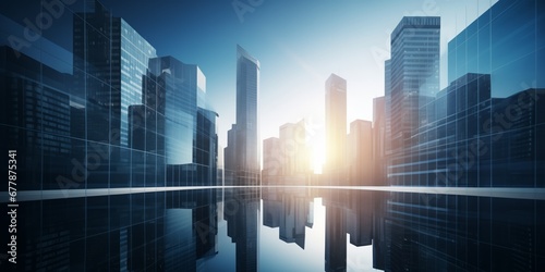 Skyscrapers of a smart city at sunrise, futuristic financial district, graphic perspective of buildings and reflections - Architectural blue background for corporate and business brochure template