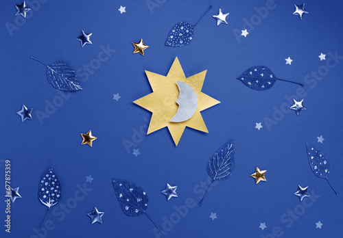 Winter Solstice Day Holiday, December 21. Sun, Moon, Golden Stars on Blue Background