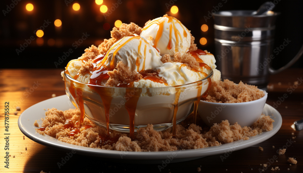 Freshly baked homemade dessert on a wooden table with whipped cream generated by AI Freshly baked homemade dessert on a wooden table with whipped cream generated by AI