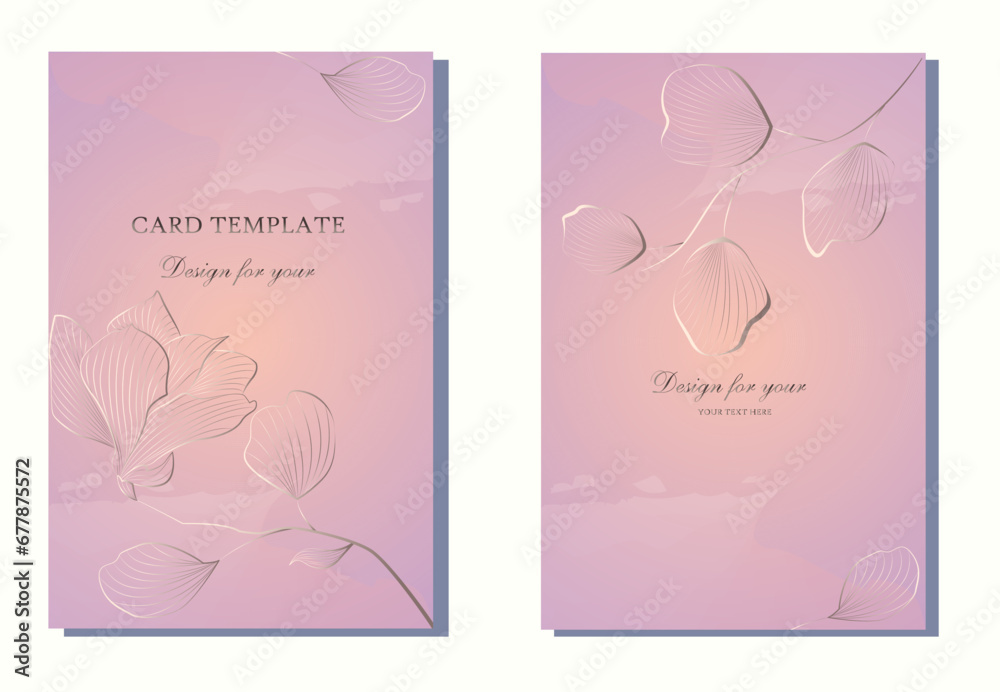 Pink delicate watercolor vector background with transparent leaves and golden flower. Template for card, happy birthday card, greeting cards, weddings, flyers, invitations, wedding invitations, partie