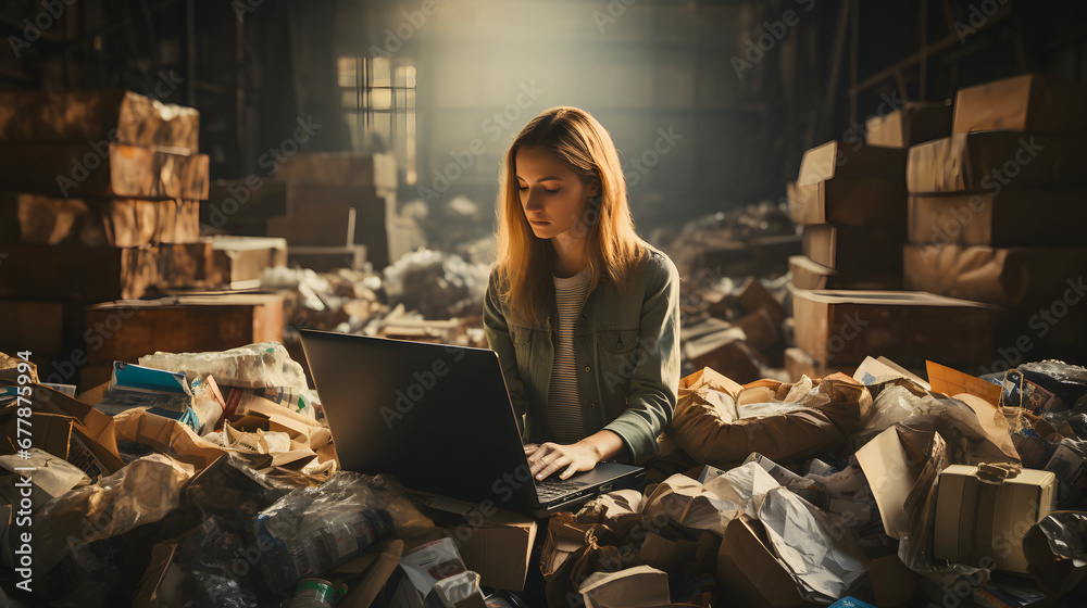 Woman hands put old laptop and keyboard in box with old used computers