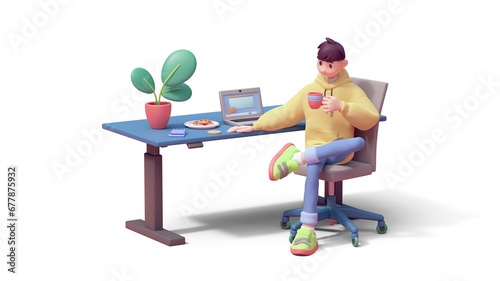 Young successful programmer guy in yellow hoodie, green sneakers sits cross-legged on an office chair at blue computer desk holds red cup of coffee in hand enjoys. 3d render isolated transparent.