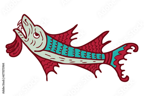 Middle ages bestiary style aquatic beast dragon fish doodle. Perfect for tee, sticker, card, poster. Hand drawn isolated vector illustration.