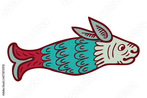 Medieval bestiary style art of hare fish animal doodle. Perfect for tee, sticker, card, poster. Hand drawn isolated vector illustration.