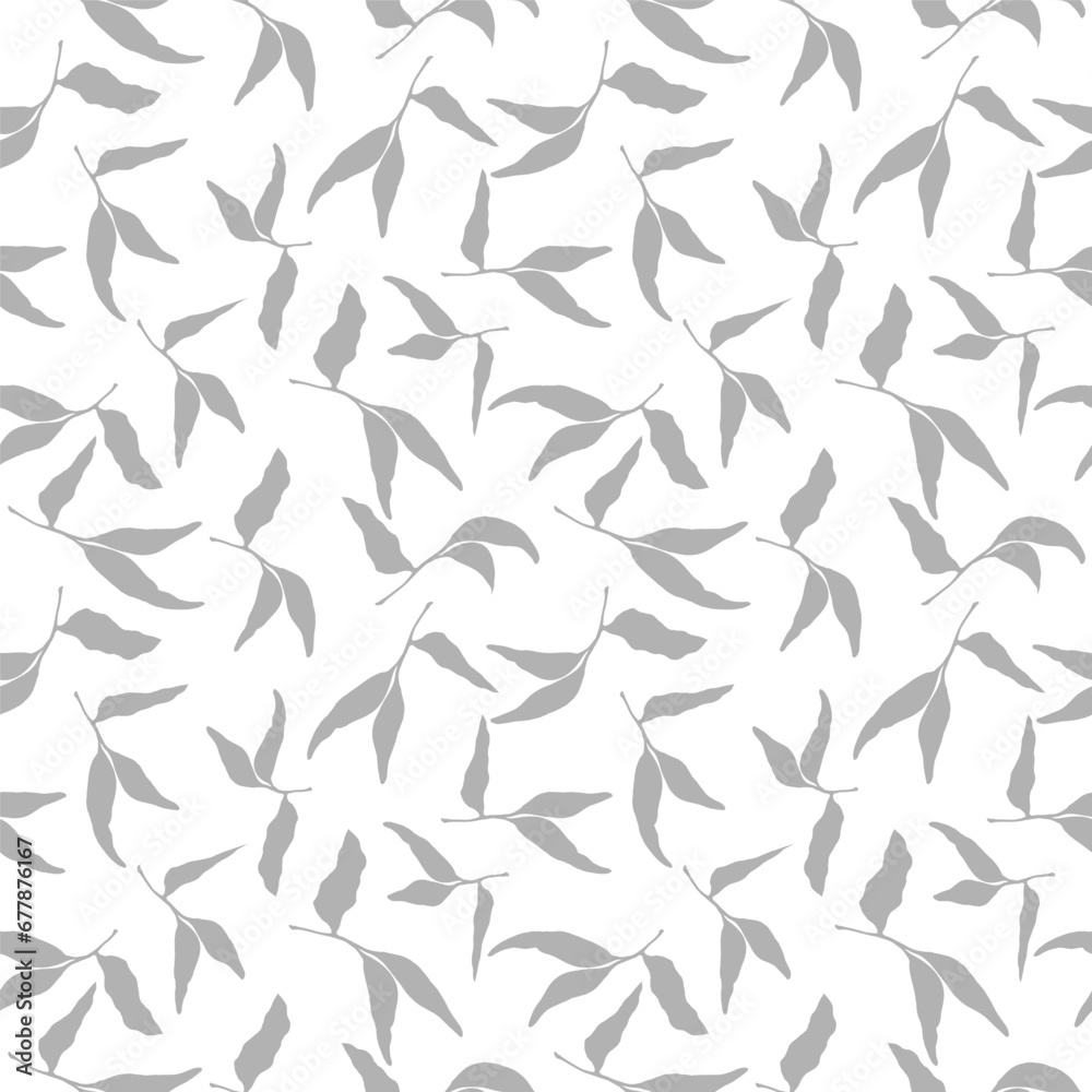 Floral silhouette seamless pattern, hand drawn greenery repeat pattern for textile. Tea leaves retro background. Elegant fabric grey background Surface pattern design