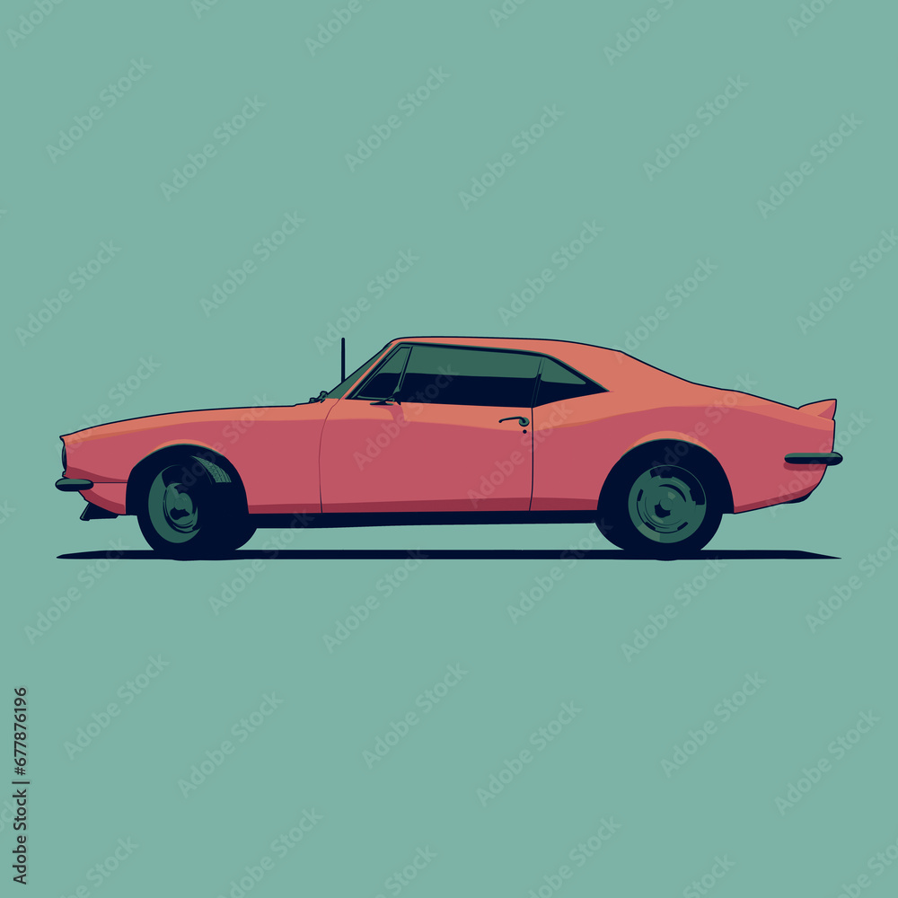 Illustration side view of Classic American Red Muscle Car Cartoon 