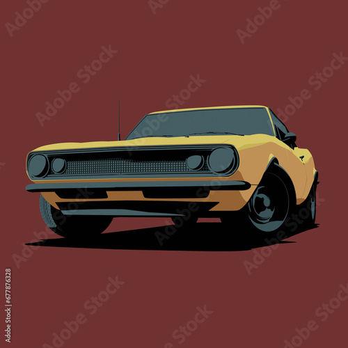 Illustration front view of Classic American Yellow Muscle Car Cartoon