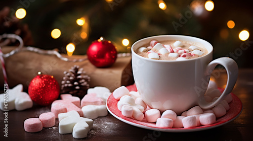 Mug of hot cocoa with marshmallows on the background of Christmas lights	