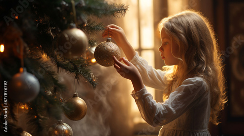 A cute girl decorates a Christmas tree