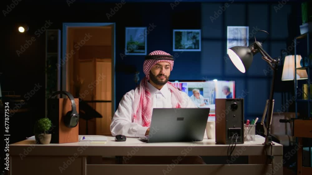 Arabic job candidate remotely being interviewed by HR worker while at home. Middle Eastern man getting his credentials checked during online video conference meeting before being employed