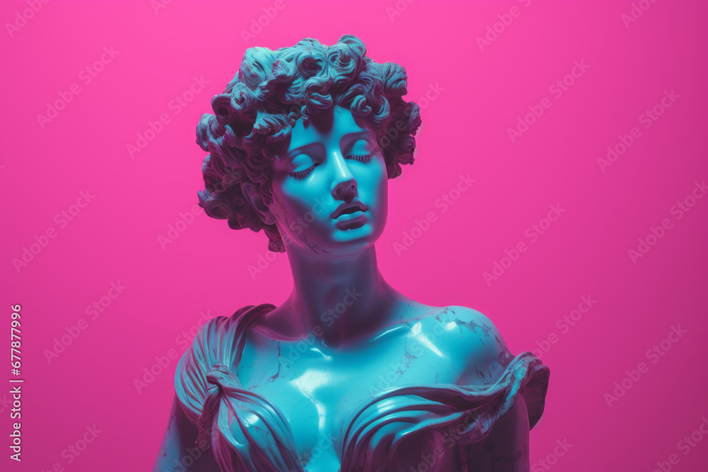 Beautiful antique statue of a woman in retro duotone style. Vaporwave, neon lights, retro fashion idea.