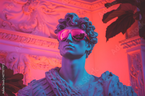 Antique statue of David with sunglasses, vaporwave style and neon lighting. photo