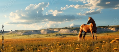 background of the picturesque nature a majestic horse roams freely on a farm where agriculture and wild animals coexist harmoniously © TheWaterMeloonProjec