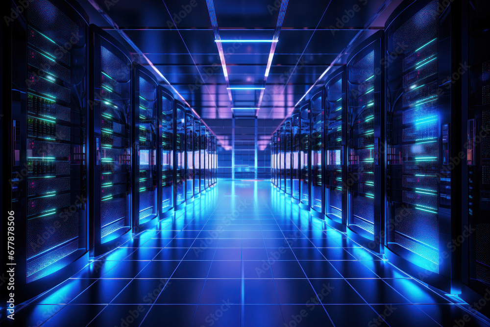 A massive data center with rows of servers processing information, representing the Concept of information technology infrastructure. Generative Ai. A massive data center with rows of servers processing information, representing the Concept of information technology infrastructure. Generative Ai.