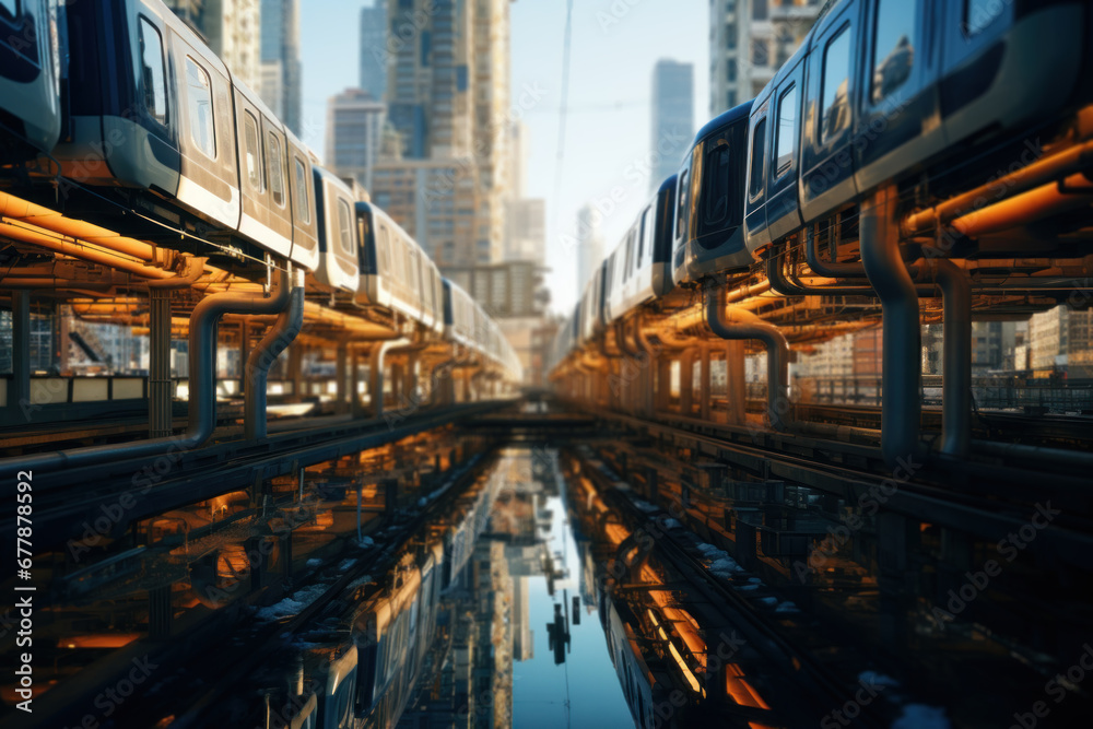 A network of subways crisscrossing beneath a metropolis, illustrating the Concept of efficient mass transit systems. Generative Ai.