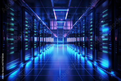 A massive data center with rows of servers processing information, representing the Concept of information technology infrastructure. Generative Ai.