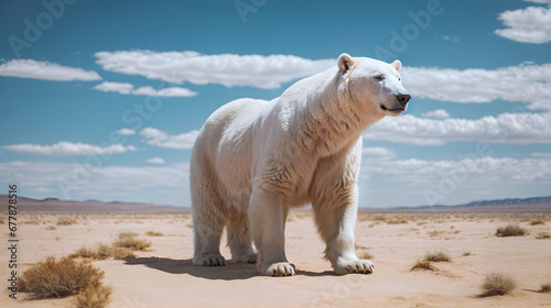 A polar bear in the middle of the immense desert. Global warming and climate change concept. photo