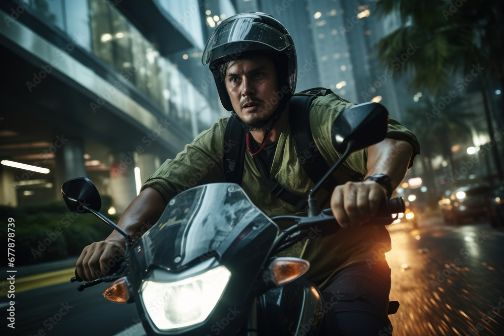 Φωτογραφία A motorcycle taxi driver navigating through traffic in an Asian city, emphasizing the Concept of informal urban transport services