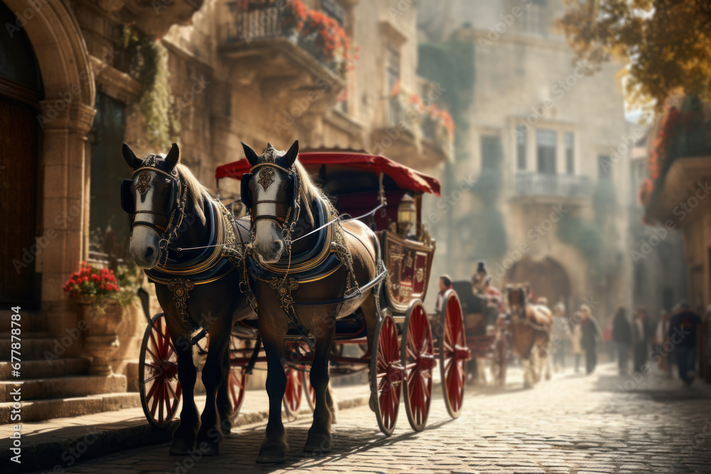 Fototapeta premium A traditional horse-drawn carriage carrying tourists through the historic streets of a European city, highlighting the Concept of heritage tourism. Generative Ai.
