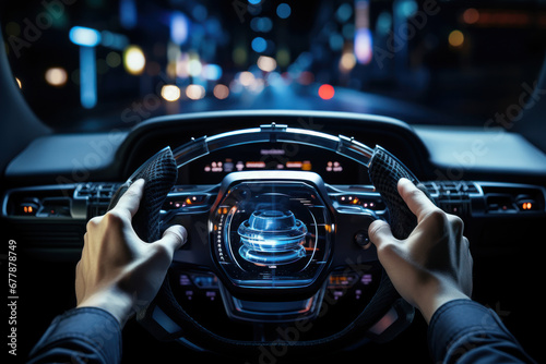 A driver's hands gripping the steering wheel of an autonomous vehicle, illustrating the Concept of self-driving technology in transportation. Generative Ai. © Sebastian