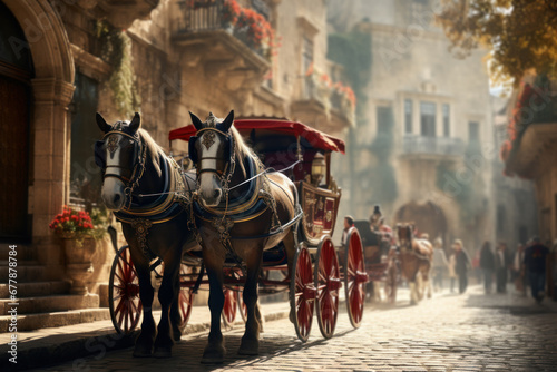 A traditional horse-drawn carriage carrying tourists through the historic streets of a European city, highlighting the Concept of heritage tourism. Generative Ai.