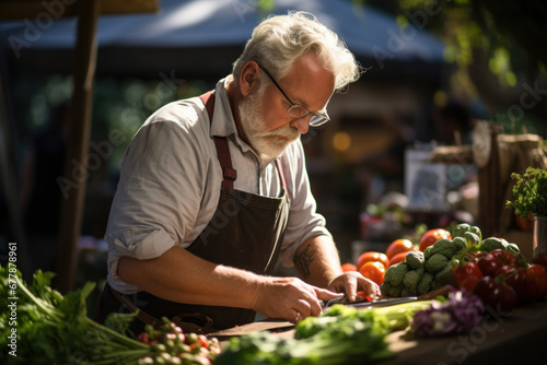 A chef meticulously selecting fresh produce at a bustling farmers' market, emphasizing the Concept of farm-to-table trade. Generative Ai.