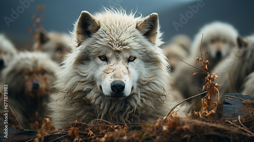 White wolf looks into the lens