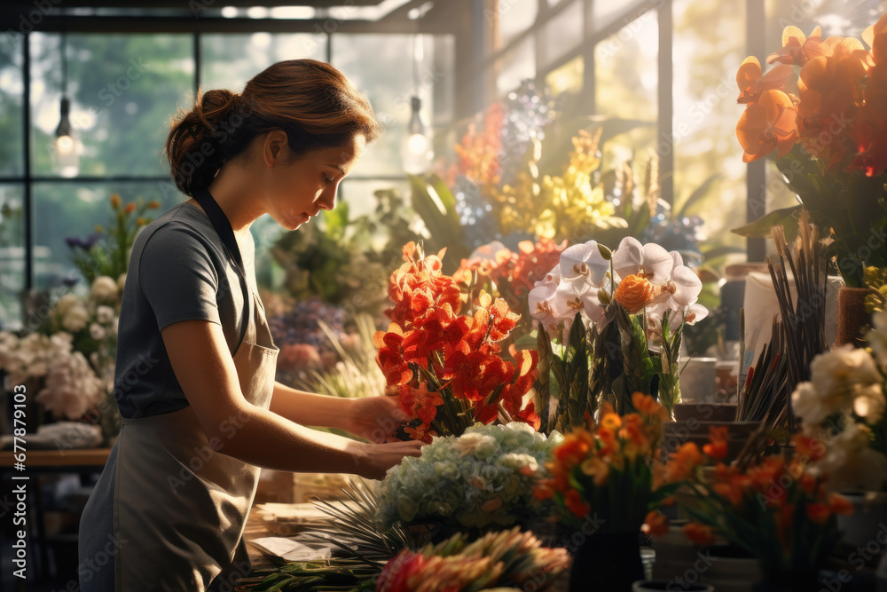 A florist arranging colorful blooms in a flower shop, embodying the Concept of floral trade and retail. Generative Ai.