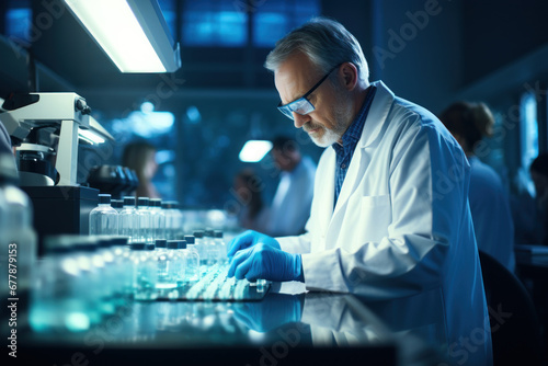 A scientist examining pharmaceutical samples in a laboratory  illustrating the Concept of pharmaceutical research and the healthcare trade. Generative Ai.