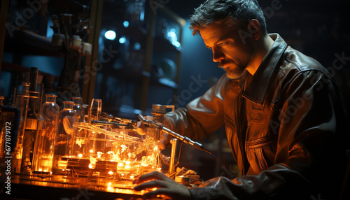 A skilled mechanic repairs machinery in a metal workshop at night generated by AI © Stockgiu