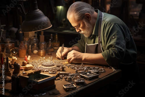 A jeweler crafting a unique piece of jewelry at a workbench, portraying the Concept of artisanal jewelry trade and craftsmanship. Generative Ai.