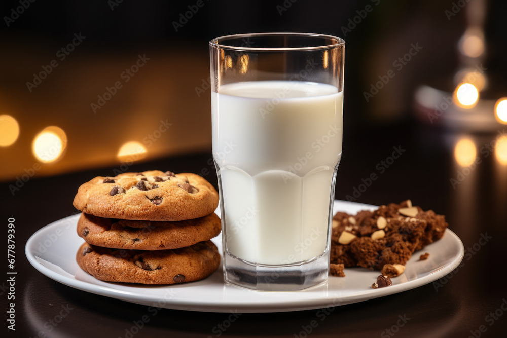 A close-up of a glass of milk and a plate of cookies. Concept of traditional comfort food. Generative Ai. A close-up of a glass of milk and a plate of cookies. Concept of traditional comfort food. Generative Ai.