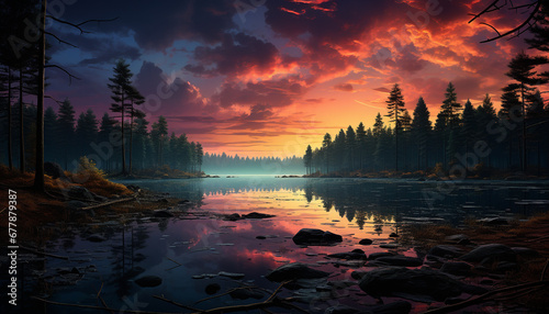 Sunset over a tranquil forest, reflecting vibrant colors in water generated by AI