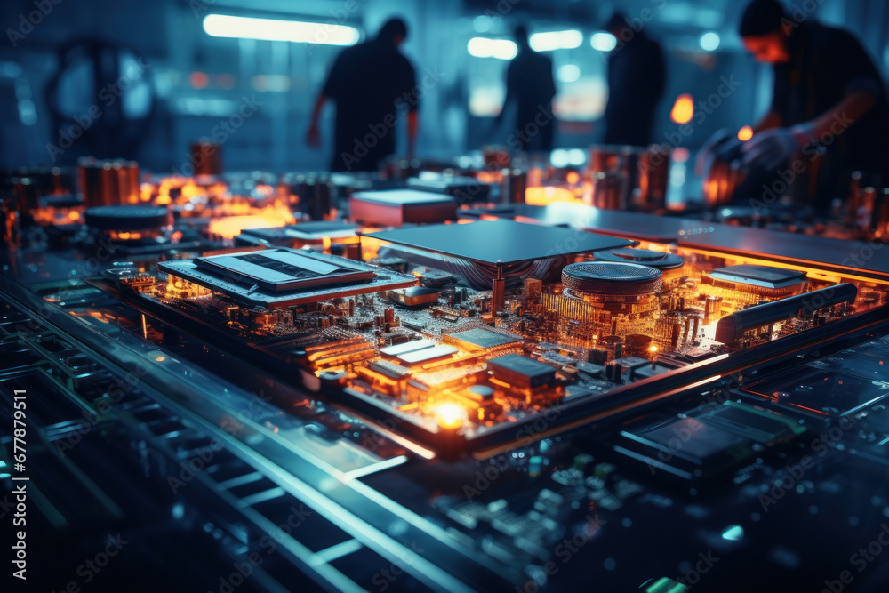 Workers assembling electronic components in a high-tech factory, highlighting the complexity of global supply chains in the tech industry. Generative Ai. Workers assembling electronic components in a high-tech factory, highlighting the complexity of global supply chains in the tech industry. Generative Ai.
