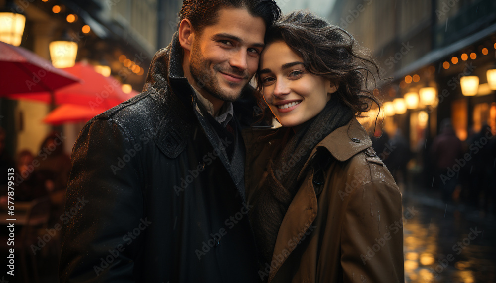Young couple walking in the rain, smiling and embracing each other generated by AI