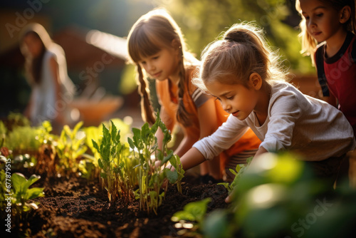 A group of children planting a vegetable garden, learning about food sources and sustainability. Concept of nutrition education for youth. Generative Ai. photo