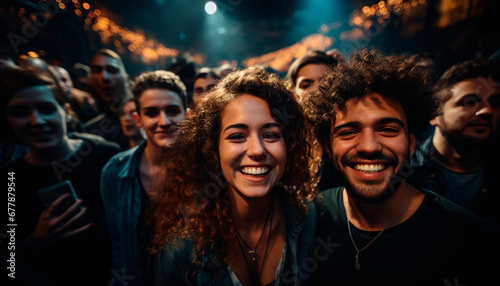 Smiling group of men and women, young adults enjoying nightlife generated by AI