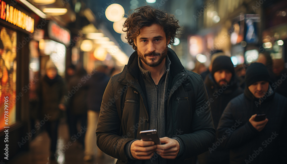 A young man, illuminated by street light, smiles while texting generated by AI A young man, illuminated by street light, smiles while texting generated by AI