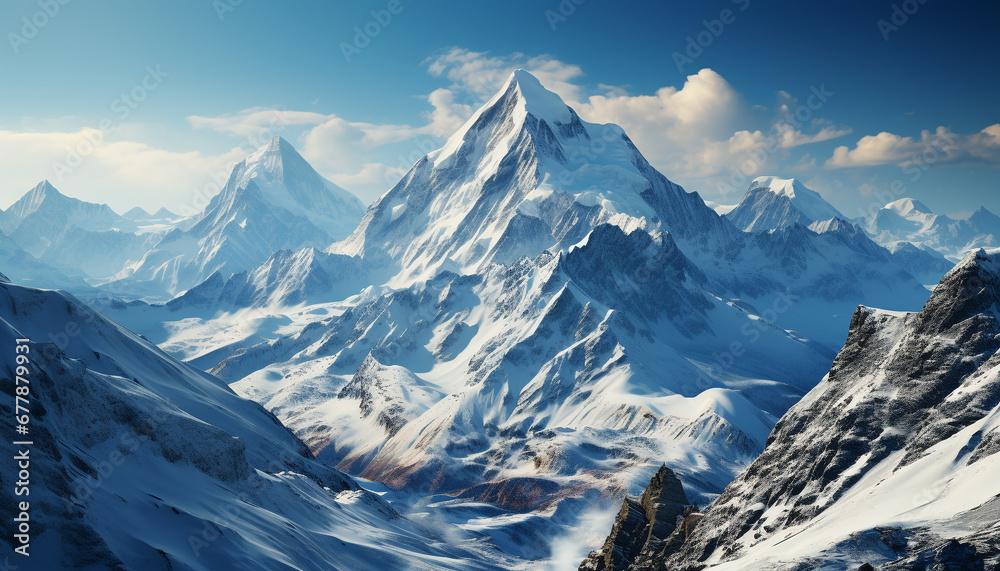 Majestic mountain peak, blue sky, tranquil scene generated by AI