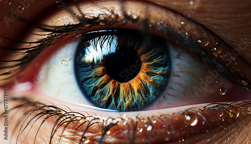 Close up of a caucasian woman blue eye looking at camera generated by AI