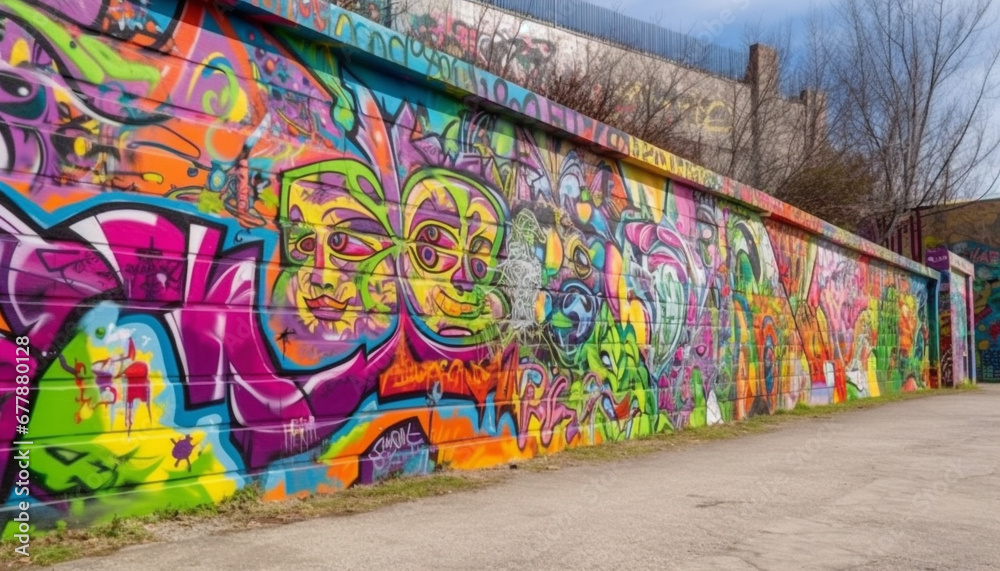 Fototapeta premium Vibrant graffiti mural decorates old building exterior in modern city generated by AI