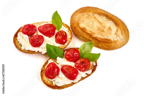 Bruschetta with cream cheese, isolated on white background. High resolution image.
